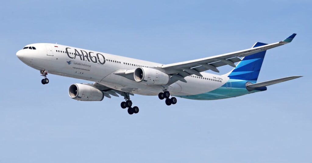 Garuda Indonesia cargo aircraft flying in clear blue sky, showcasing transportation.